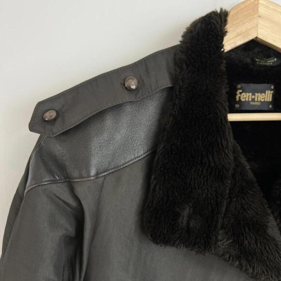 Vintage Fennelli Women's Size L XL Black Leather Faux Fur Trim Overcoat Jacket - Picture 14 of 15